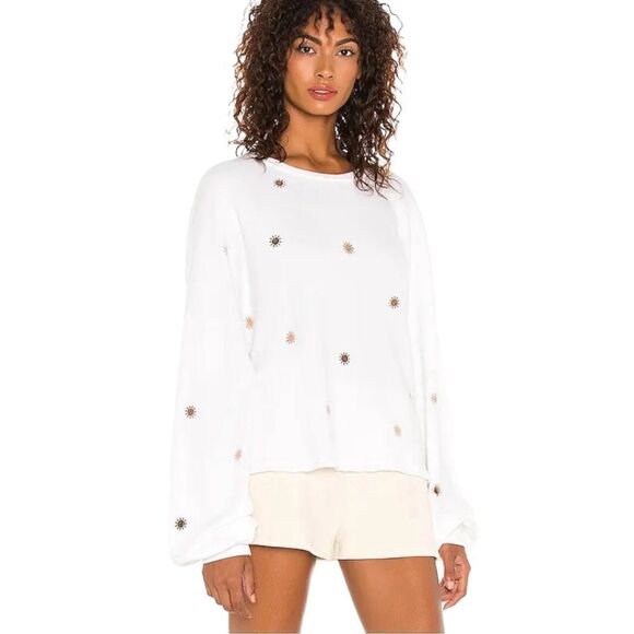 NWT Michael Lauren Fairfax Classic Sweatshirt in White with Rose Gold Sun Foils - Picture 13 of 13